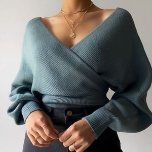 NWT Love Tree Blue Ribbed Knit Cross Wrap Sweater Top Medium